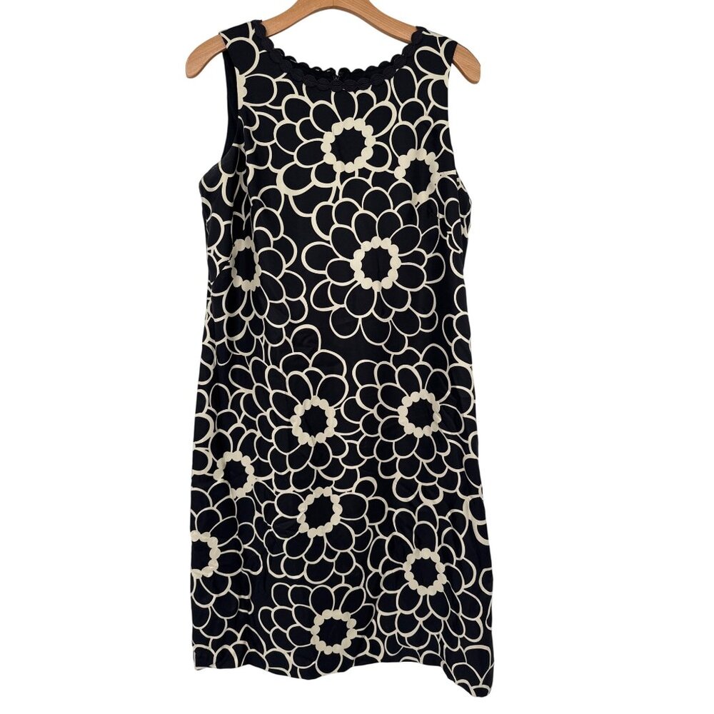 Talbots daress silk size 10 Black cream Floral Sleeveless Scalloped Neckline